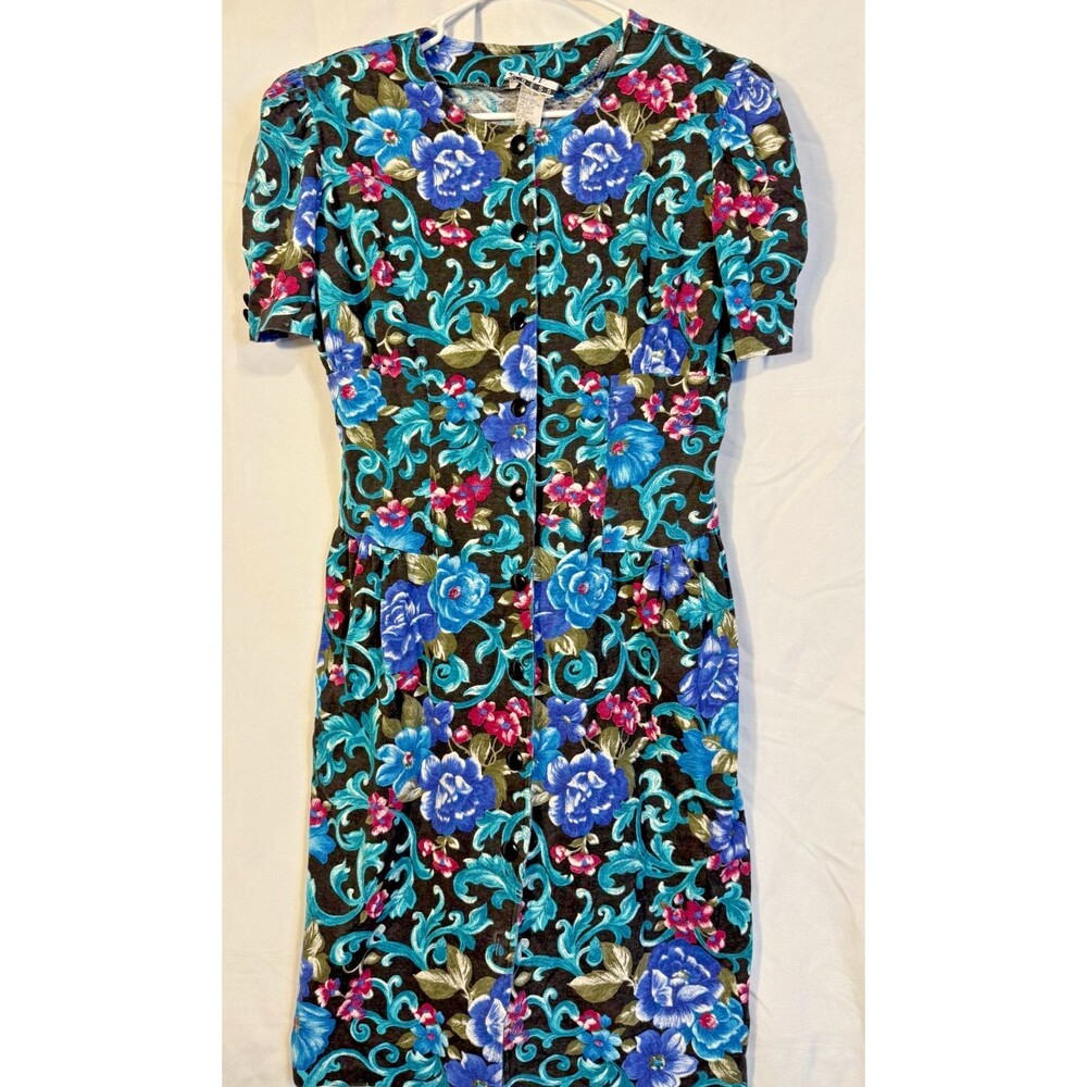 Vintage 80s Floral Dress Shoulder Pads Blue Women's 11/12 Large Grannycore Boho